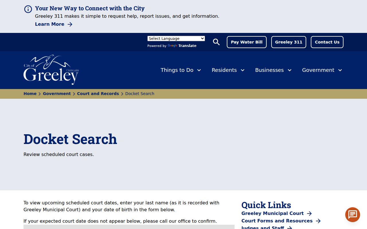 Greeley municipal docket search with last name and birth date fields