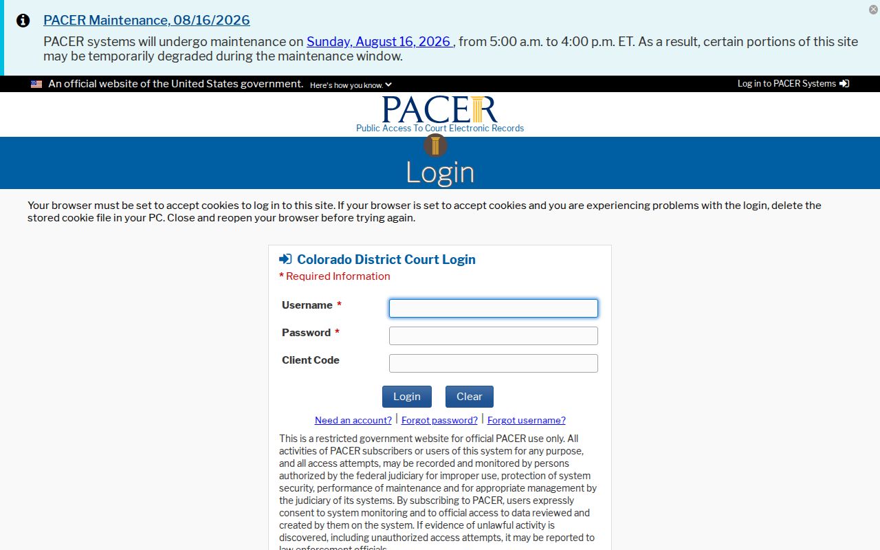 Federal District of Colorado PACER query login, not a Weld traffic ticket search